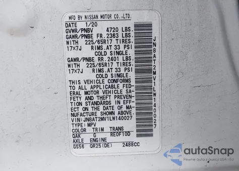 2020 Nissan Rogue S Intelligent Awd z USA, uszkodzony, nr VIN JN8AT2MV1LW140027